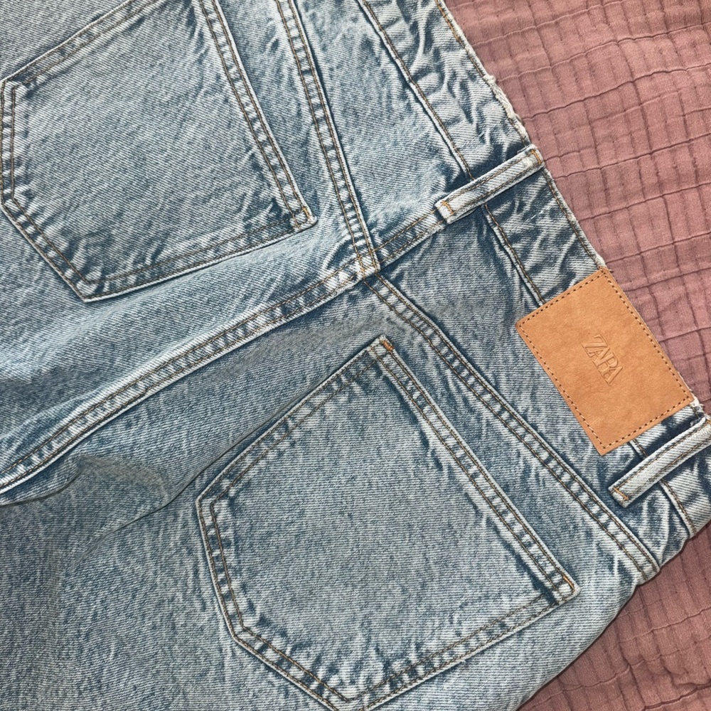 ZARA Light Blue Denim Jeans with Tan Leather Patch